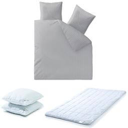 aqua-textil Nele Damast Bettwäsche Garnitur Mako Satin mit Steppdecke 200x200 und 2x Kopfkissen 80x80 hellgrau Uni Streifen